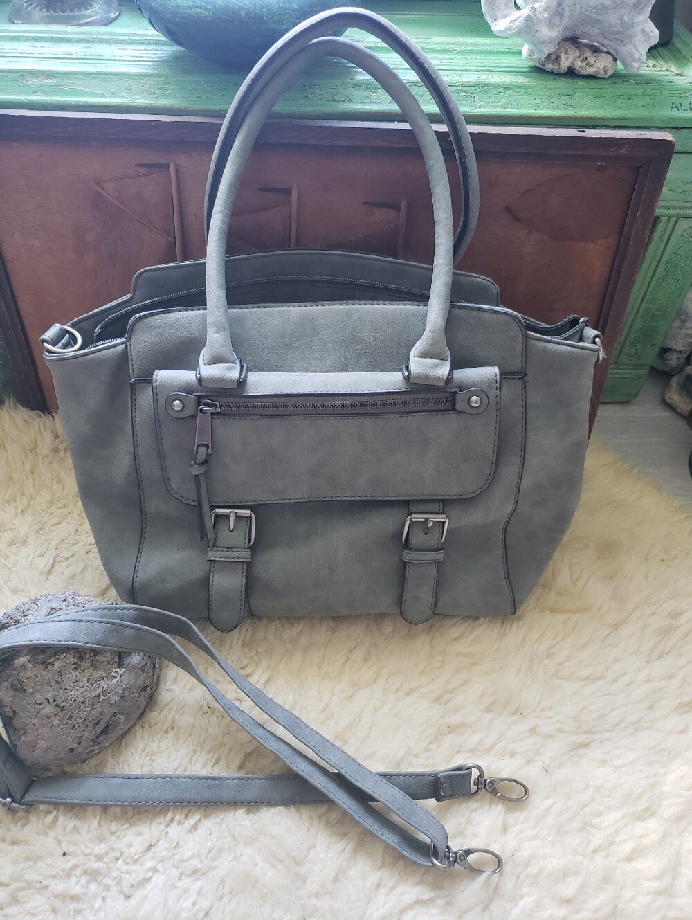 Boho Grey Faux Leather Buckle Satchel Crossbody Handbag Multi-Pocket Purse